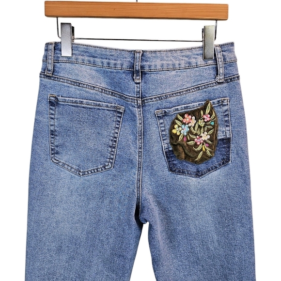 Hippie Denim Boho Embroidered Patchwork Slim Straight Jeans 31 Cropped Unique - Picture 10 of 13